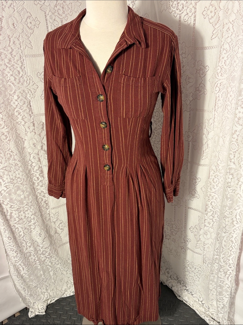 Free People Rust Brown Striped Long Sleeve Midi Dress